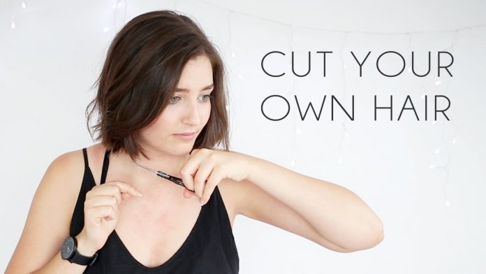 The image shows a lady cutting her own hair