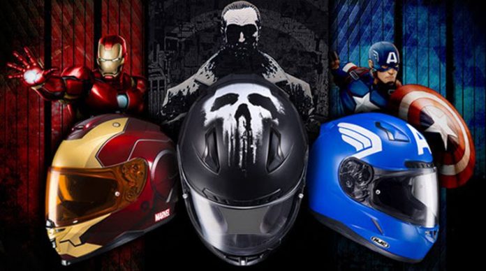 The image shows various cool motorcycle helmets