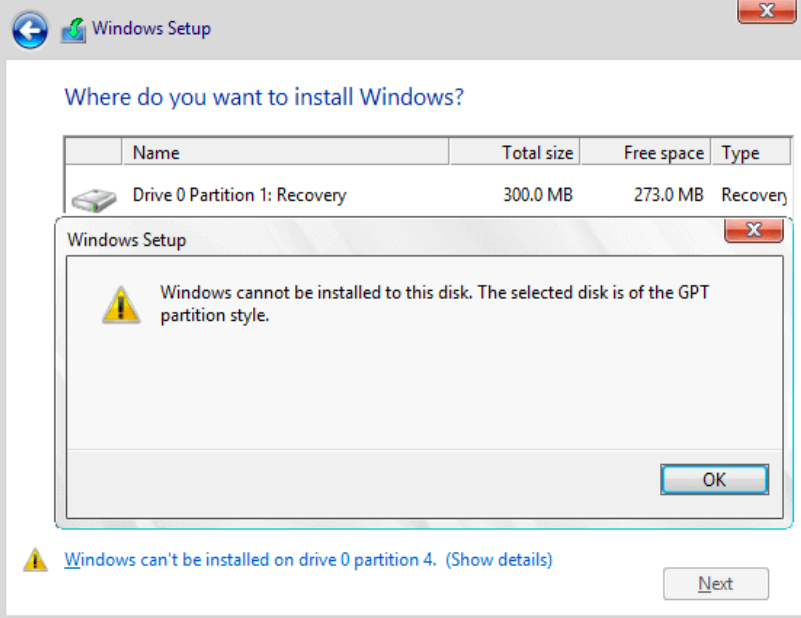 Windows cannot be installed to this disk